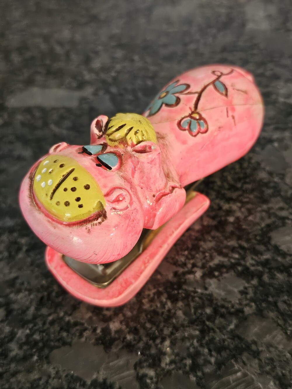 Holiday‎ Fair Japan Chalkware House Hippo Stapler Pink Floral Vtg Office Flawed